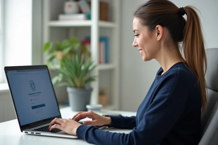 Femme consultant un portail éducatif en ligne sur un ordinateur portable dans un bureau à domicile