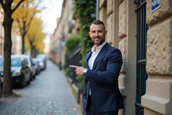 Agent immobilier en costume devant un immeuble en pierre avec panneau de location dans une rue urbaine