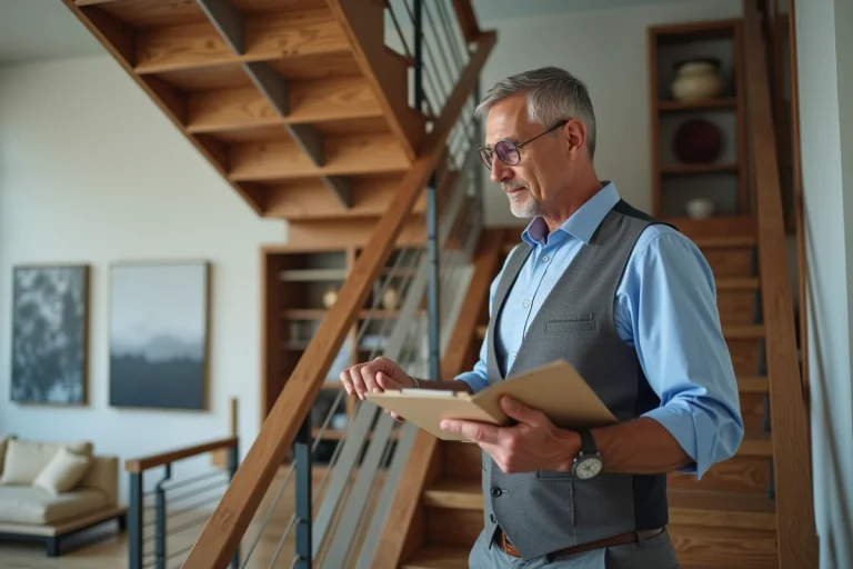 Architecte analysant un escalier en bois dans un salon moderne