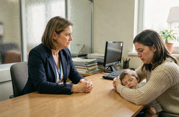 Une assistante sociale en blazer marine écoute attentivement une jeune mère en détresse tenant un enfant dans un bureau municipal