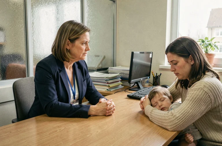 Une assistante sociale en blazer marine écoute attentivement une jeune mère en détresse tenant un enfant dans un bureau municipal