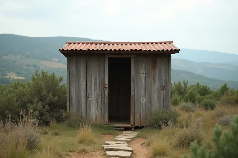 Cabanon en bois cadastré sur terrain non constructible entouré de végétation méditerranéenne avec borne cadastrale visible