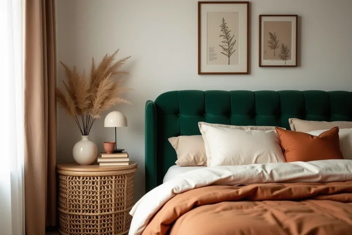 Coin chambre tendance avec tête de lit en velours vert, literie en lin et table de chevet en rotin pour une décoration élégante