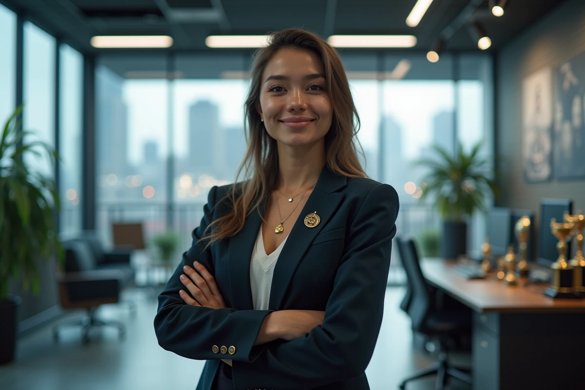 Femme championne esports souriante dans un bureau moderne