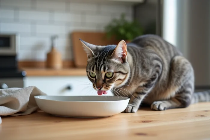 Chat tigré argenté qui boit de l'eau pure dans une fontaine en céramique sur un comptoir de cuisine en chêne