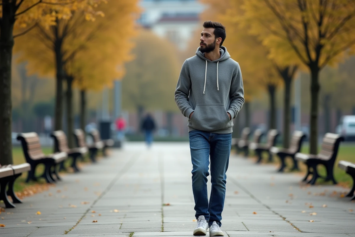 Comédien français se promenant dans un parc urbain