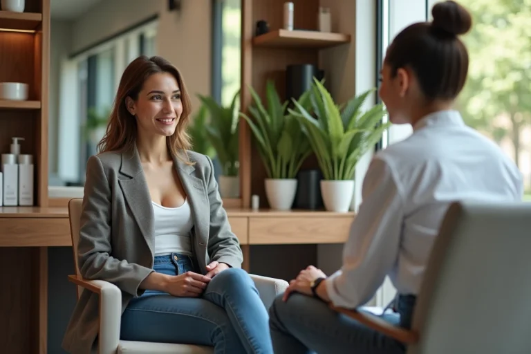 Femme élégante en consultation beauté dans un salon moderne