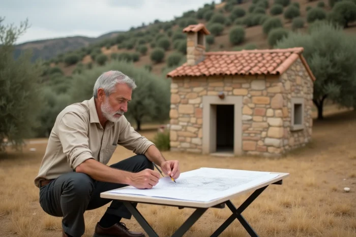 Homme consultant un plan cadastral sur un terrain rural non constructible avec un cabanon en pierre en arrière-plan