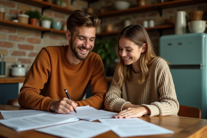 Couple examinant un contrat de location immobilière autour d'une table en bois dans une cuisine chaleureuse
