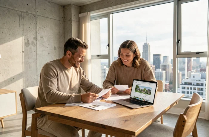 Couple étudiant des documents immobiliers et des annonces en ligne dans un appartement moderne