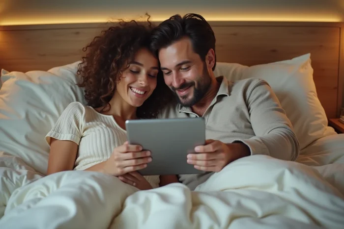 Couple regardant un film en streaming gratuit sur une tablette dans leur chambre