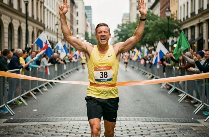 Coureur de marathon franchissant la ligne d'arrivée en ville lors d'une course professionnelle