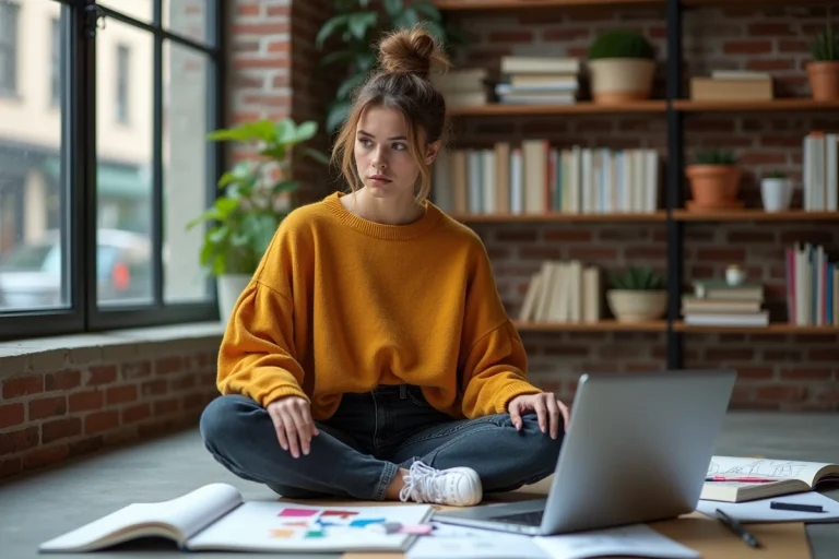 Jeune créatrice assise dans un studio moderne entourée de carnets de croquis et d'outils numériques, illustrant l'univers créatif et les tendances digitales de Pixikult