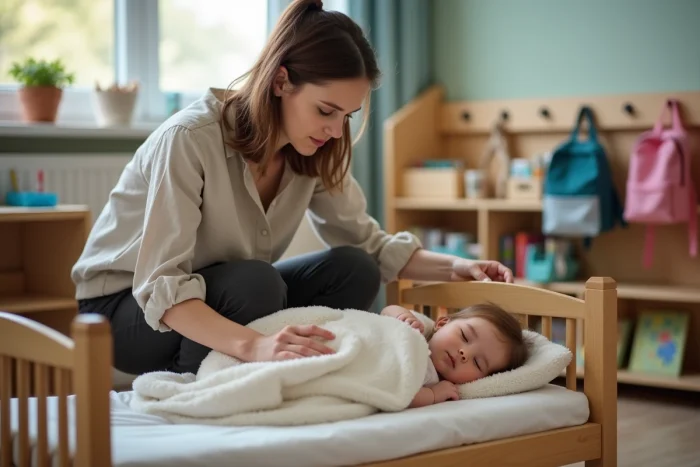 Enseignante de maternelle installant un enfant pour la sieste en classe
