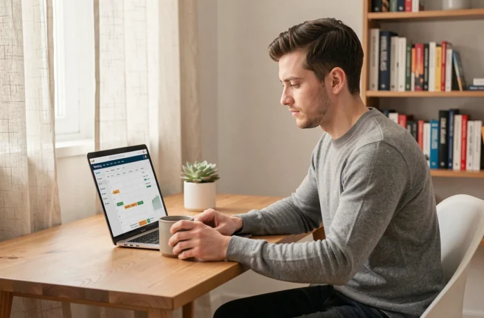 Jeune entrepreneur travaillant seul sur une stratégie de marketing digital depuis son bureau à domicile