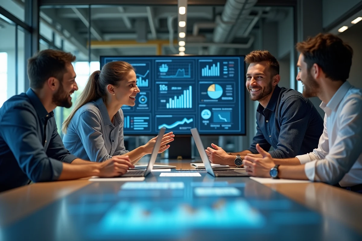 Equipe de jeunes professionnels discutant de graphiques numériques