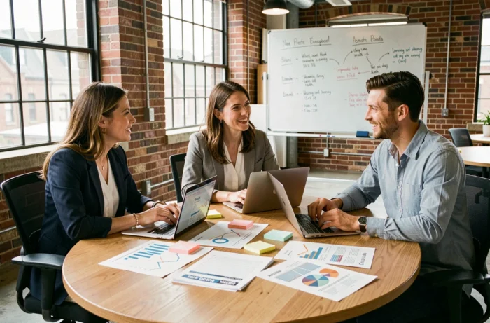 Équipe marketing multiculturelle en réunion stratégique autour d'une table avec rapports et ordinateurs portables