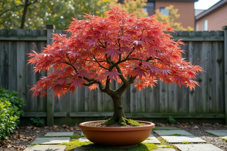 Érable du Japon en pot sur une terrasse avec des feuilles jaunissantes et des branches dénudées indiquant une perte de feuilles prématurée