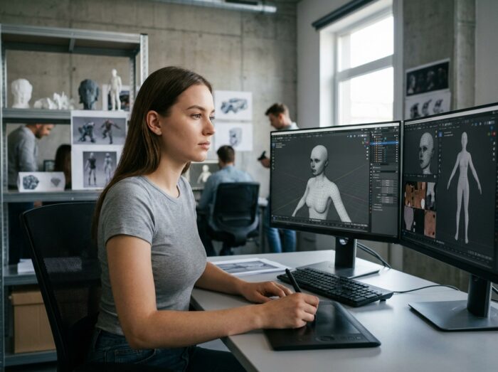 Étudiante en formation 3D travaillant sur un logiciel de modélisation dans un studio de design moderne