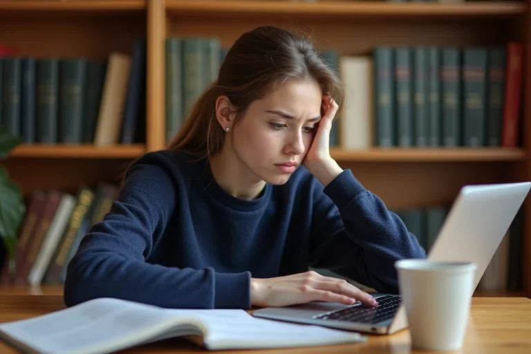 Étudiante consultant sa réponse e-candidat sur un ordinateur portable dans une bibliothèque universitaire
