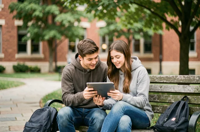 Deux étudiants consultant des ressources informatiques sur une tablette numérique dans un campus universitaire