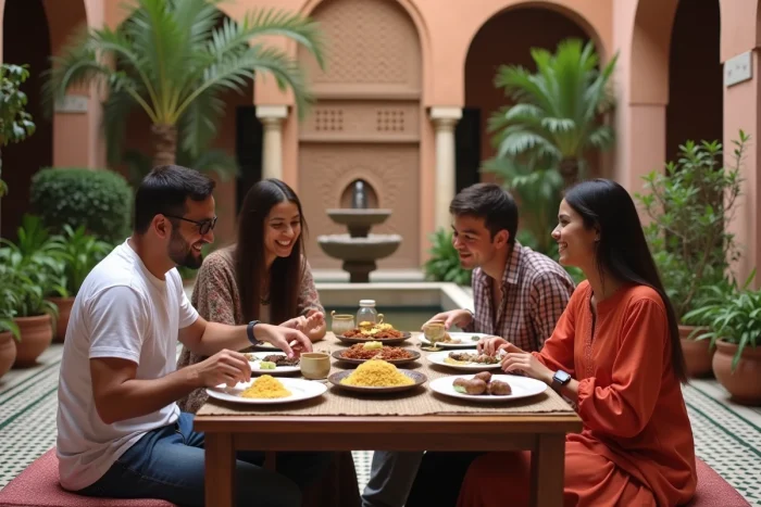 Famille marocaine autour d'une table dans un riad traditionnel