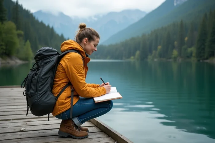 Jeune femme écrivant dans un journal au bord d'un lac