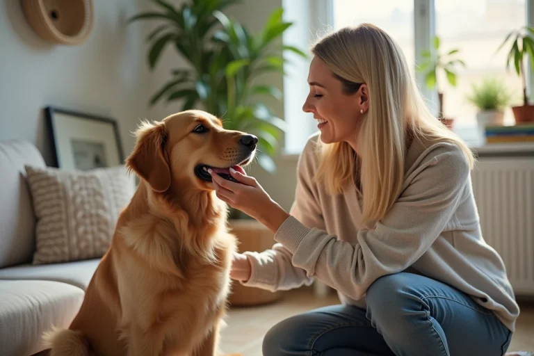 Femme caressant un golden retriever dans un salon lumineux