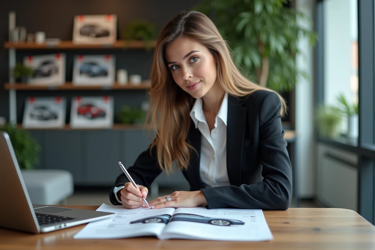 Femme en bureau note voiture avec brochure et ordinateur