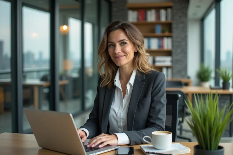 Femme confiante travaillant sur son ordinateur dans un bureau moderne
