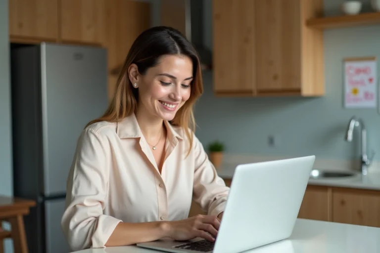 Femme souriante utilisant un ordinateur dans une cuisine moderne
