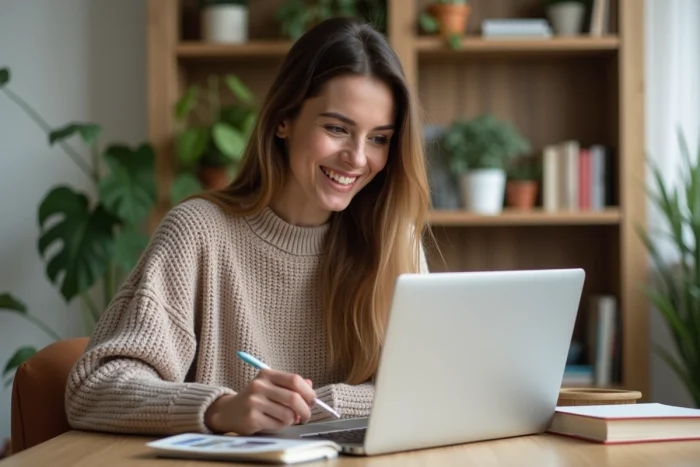 Femme concentrée travaillant sur son ordinateur à la maison