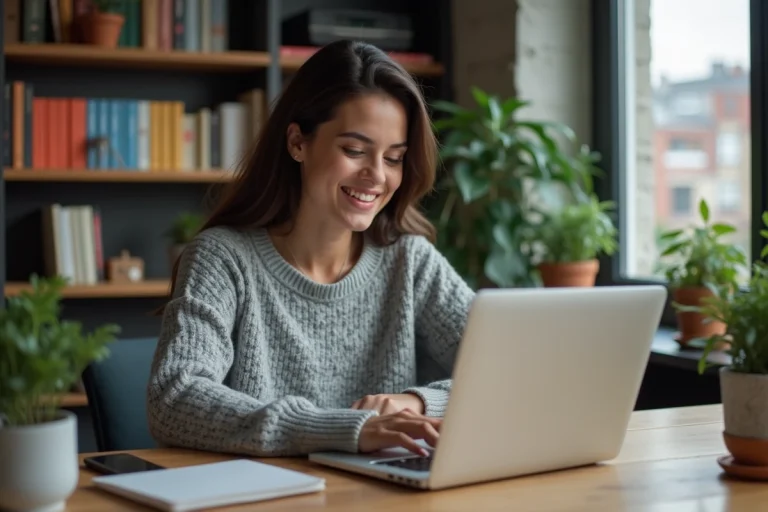 Jeune femme au bureau avec ordinateur portable