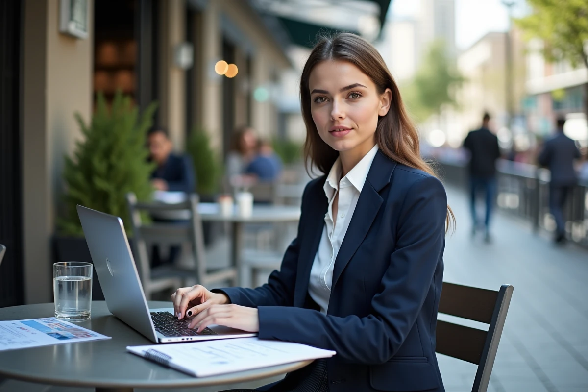 Jeune femme travaillant sur son ordinateur en terrasse de café
