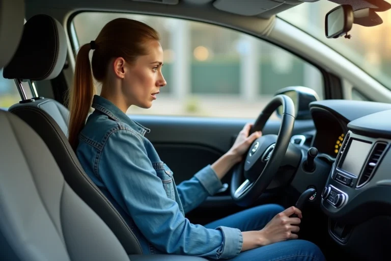 Femme vérifiant le niveau de carburant dans sa voiture citadine
