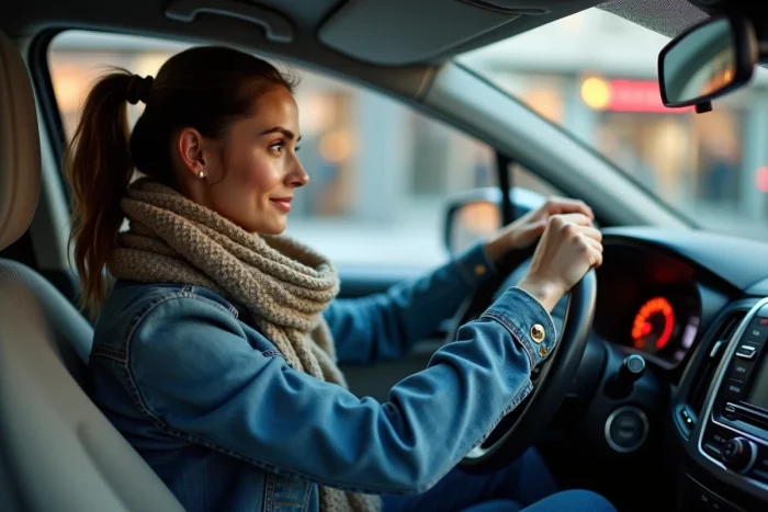Femme dans sa voiture urbaine regardant le niveau d'essence