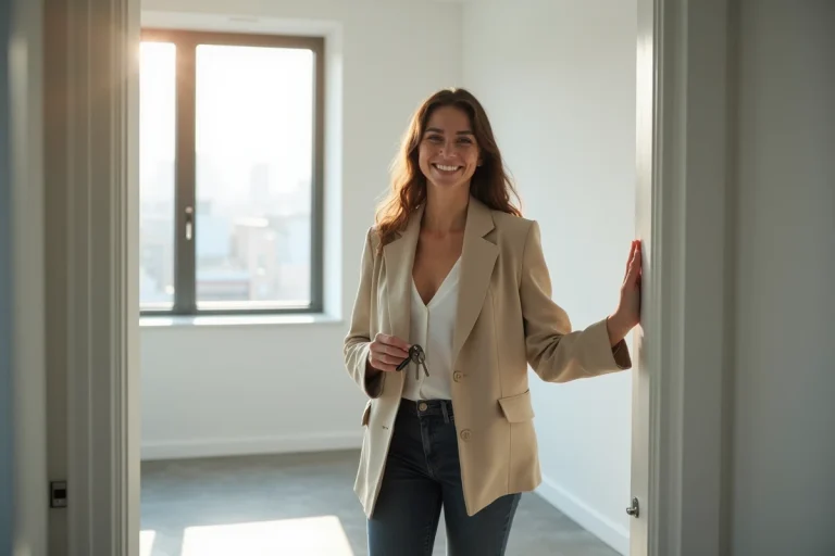 Femme souriante tenant des clés devant la porte d'un appartement moderne vide lors d'une location immobilière