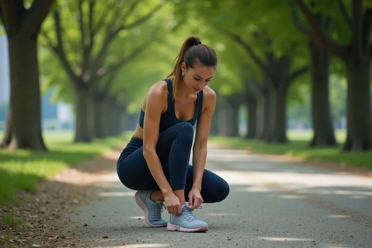 Femme sportive attachant ses chaussures dans un parc