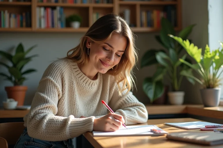Femme écrivant dans un appartement cosy et lumineux