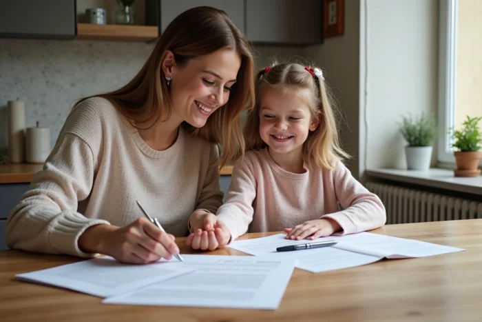 Femme et fille souriantes à la cuisine avec papiers