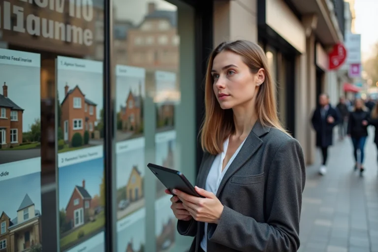 Jeune femme en blazer regardant des annonces immobilières
