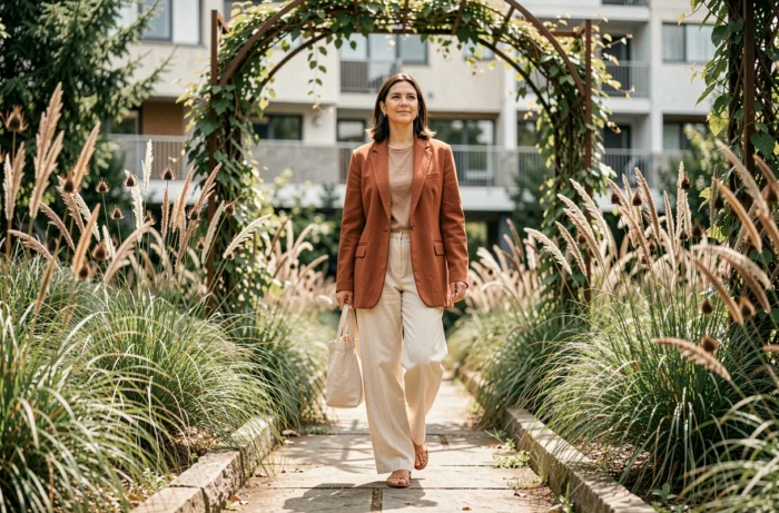Femme élégante se promenant dans un jardin botanique urbain avec tenue tendance terracotta et sac en lin