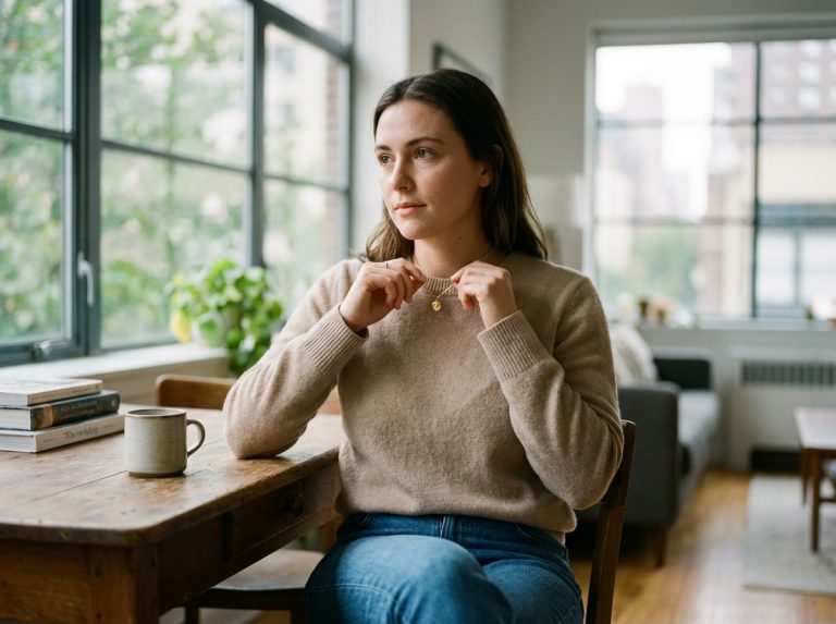 Jeune femme en cashmere et jeans ajustés portant un collier en or