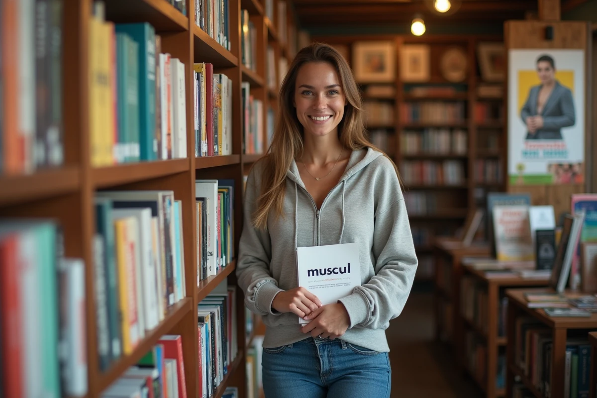 Femme lisant un livre sur la musculation dans une librairie
