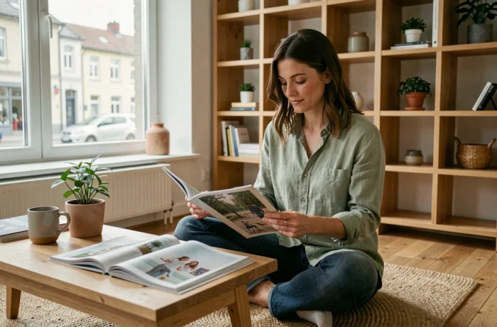 Femme décontractée feuilletant un magazine lifestyle dans un salon scandinave minimaliste avec plantes et céramiques