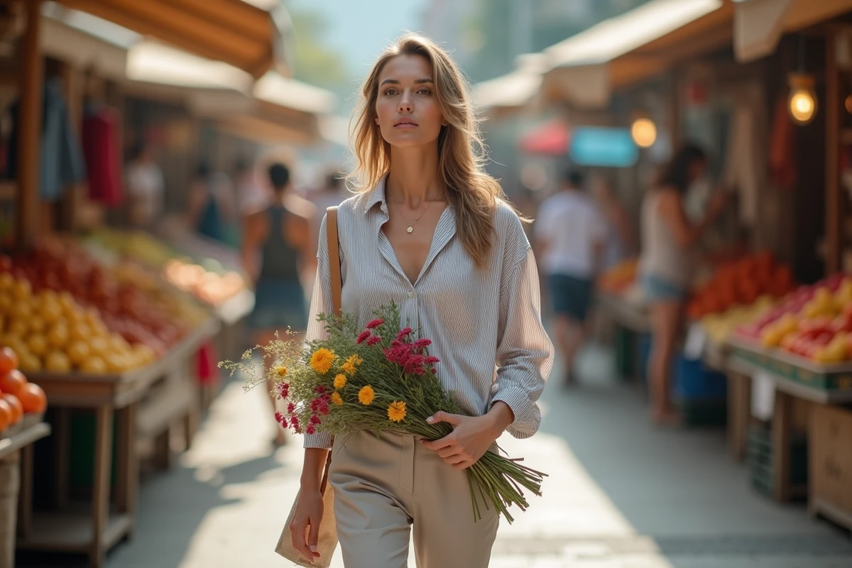 Jeune femme marchant dans un marché avec un bouquet de fleurs