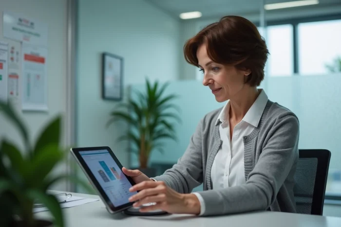 Femme d age moyen utilisant une tablette dans un bureau médical