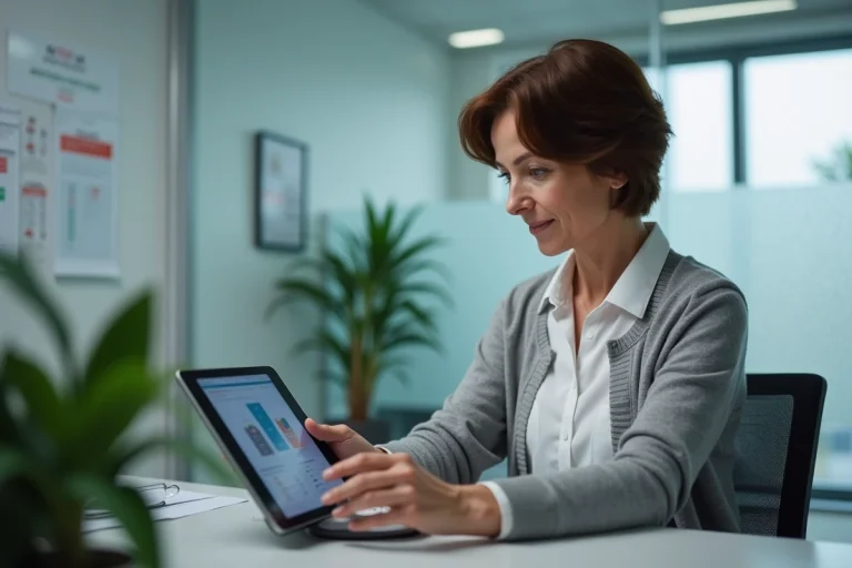 Femme d age moyen utilisant une tablette dans un bureau médical