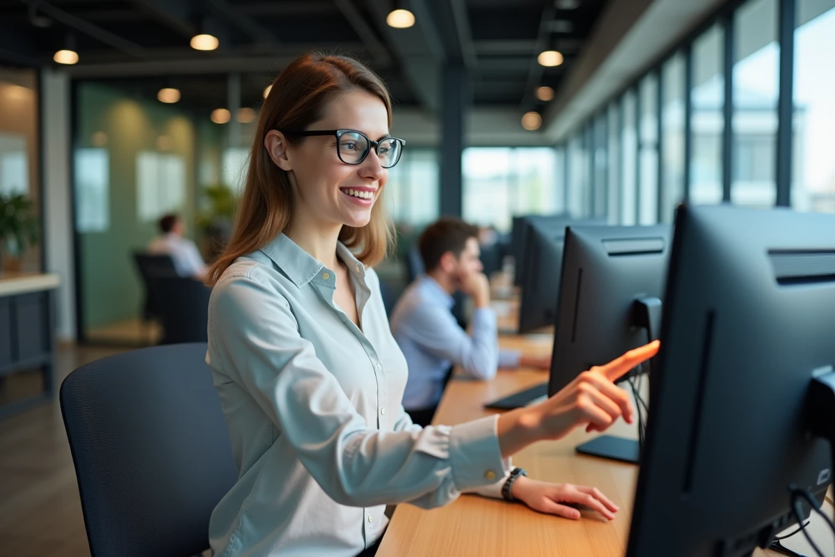 Jeune femme pointant une notification sur son écran dans un espace de travail
