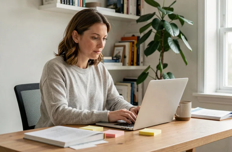 Femme utilisant un ordinateur portable dans un bureau à domicile moderne entouré de livres d'informatique et de notes
